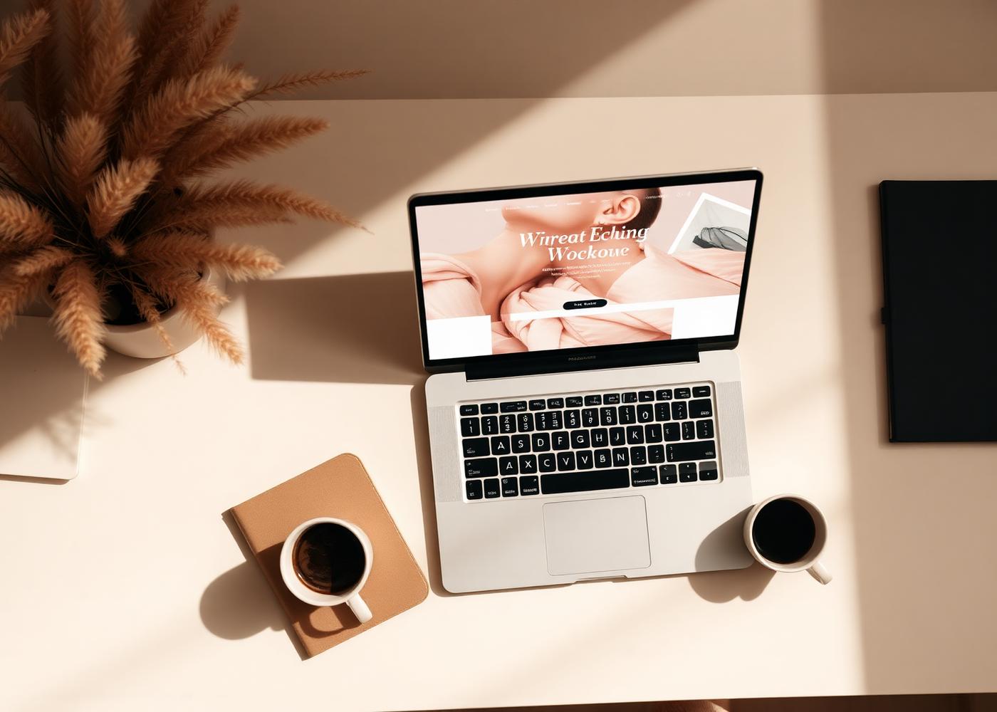 A laptop showing a website design on a warm beige desk with coffee, a notebook and dried pampas grass